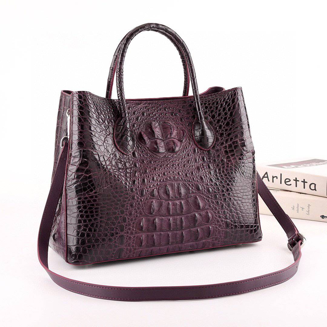 Womens Genuine Crocodile Leather Top Handle Satchel Handbag Brown 32cm