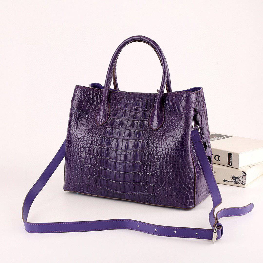 Womens Genuine Crocodile Leather Top Handle Satchel Handbag Purple 32cm