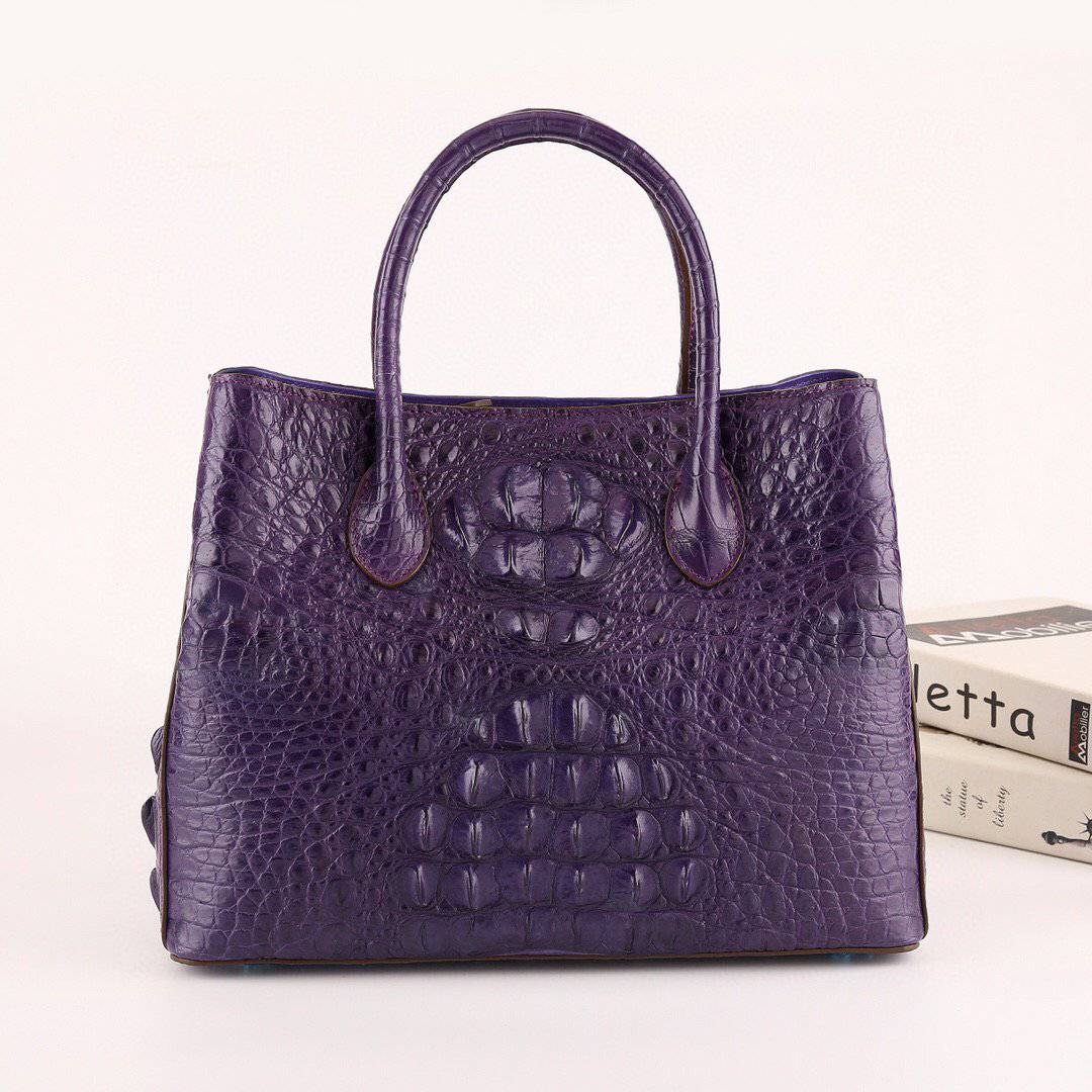 Womens Genuine Crocodile Leather Top Handle Satchel Handbag Purple 32cm