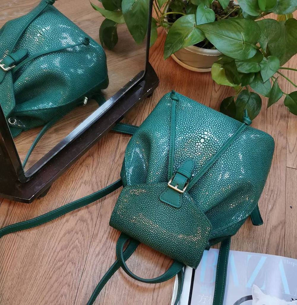 Womens Green Mini DrawstringPearl Stingray Leather Backpack, GenuinePearl Stingray Leather Bag,Pearl Stingray Leather Backpack