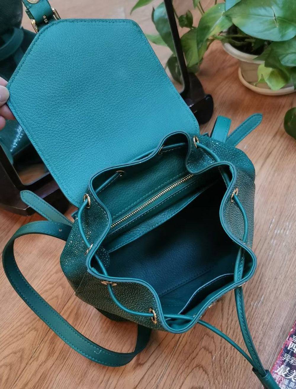 Womens Green Mini DrawstringPearl Stingray Leather Backpack, GenuinePearl Stingray Leather Bag,Pearl Stingray Leather Backpack