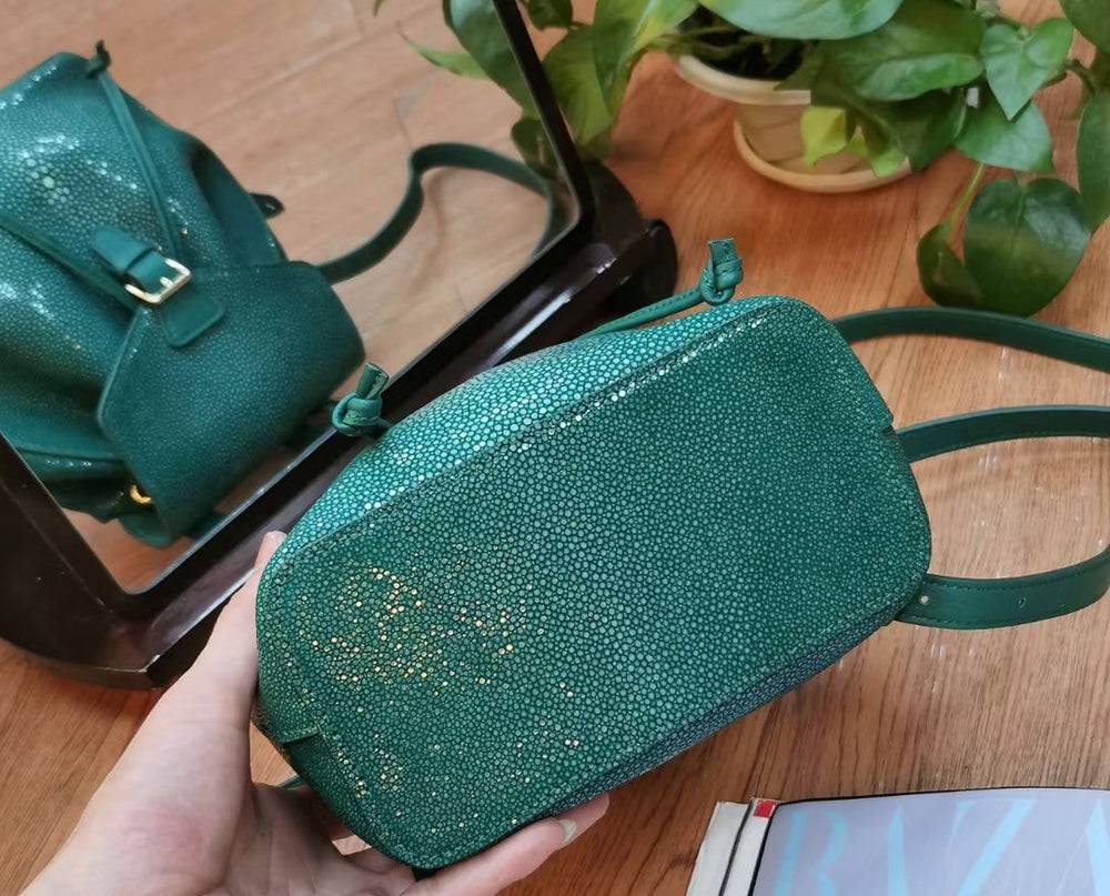 Womens Green Mini DrawstringPearl Stingray Leather Backpack, GenuinePearl Stingray Leather Bag,Pearl Stingray Leather Backpack