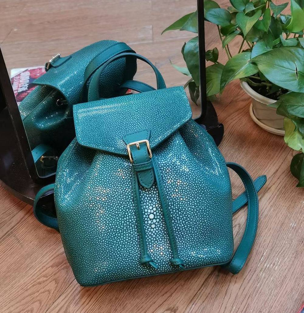 Womens Green Mini DrawstringPearl Stingray Leather Backpack, GenuinePearl Stingray Leather Bag,Pearl Stingray Leather Backpack