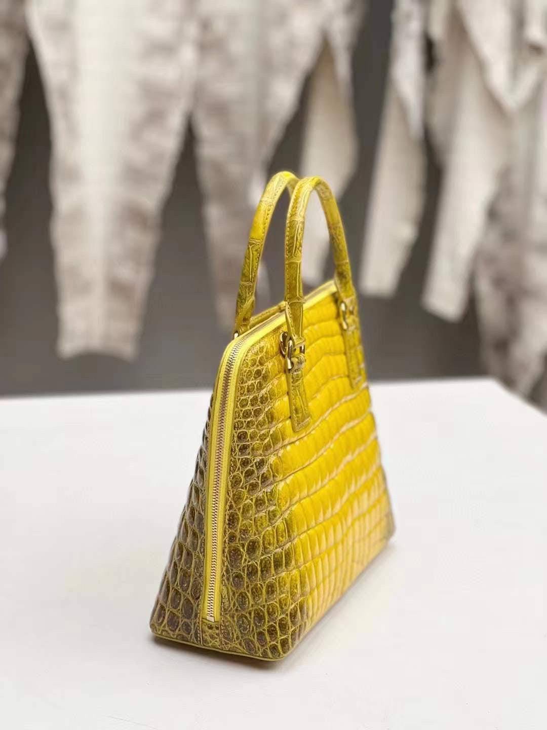 Womens Himalaya Yellow Shiny Beaded Crocodile Leather Top Handle Bag Large