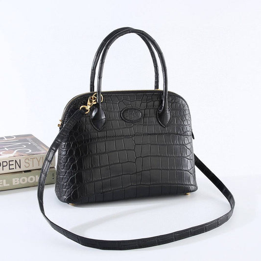 Womens Matt Genuine Crocodile Leather Mini Shell Promennade Trapezoid Cross Body Bag Black