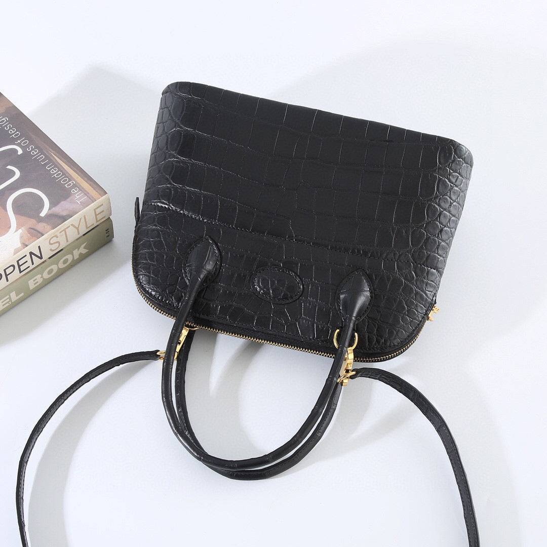 Womens Matt Genuine Crocodile Leather Mini Shell Promennade Trapezoid Cross Body Bag Black