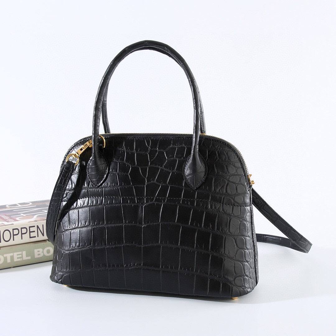 Womens Matt Genuine Crocodile Leather Mini Shell Promennade Trapezoid Cross Body Bag Black