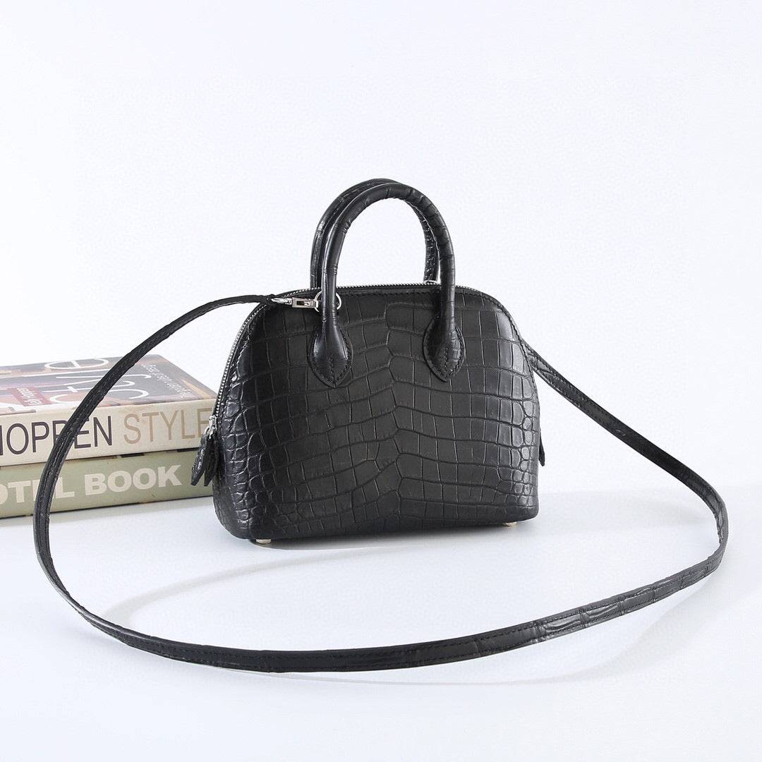 Womens Matt Genuine Crocodile Leather Mini Shell Promennade Trapezoid Cross Body Bag Black