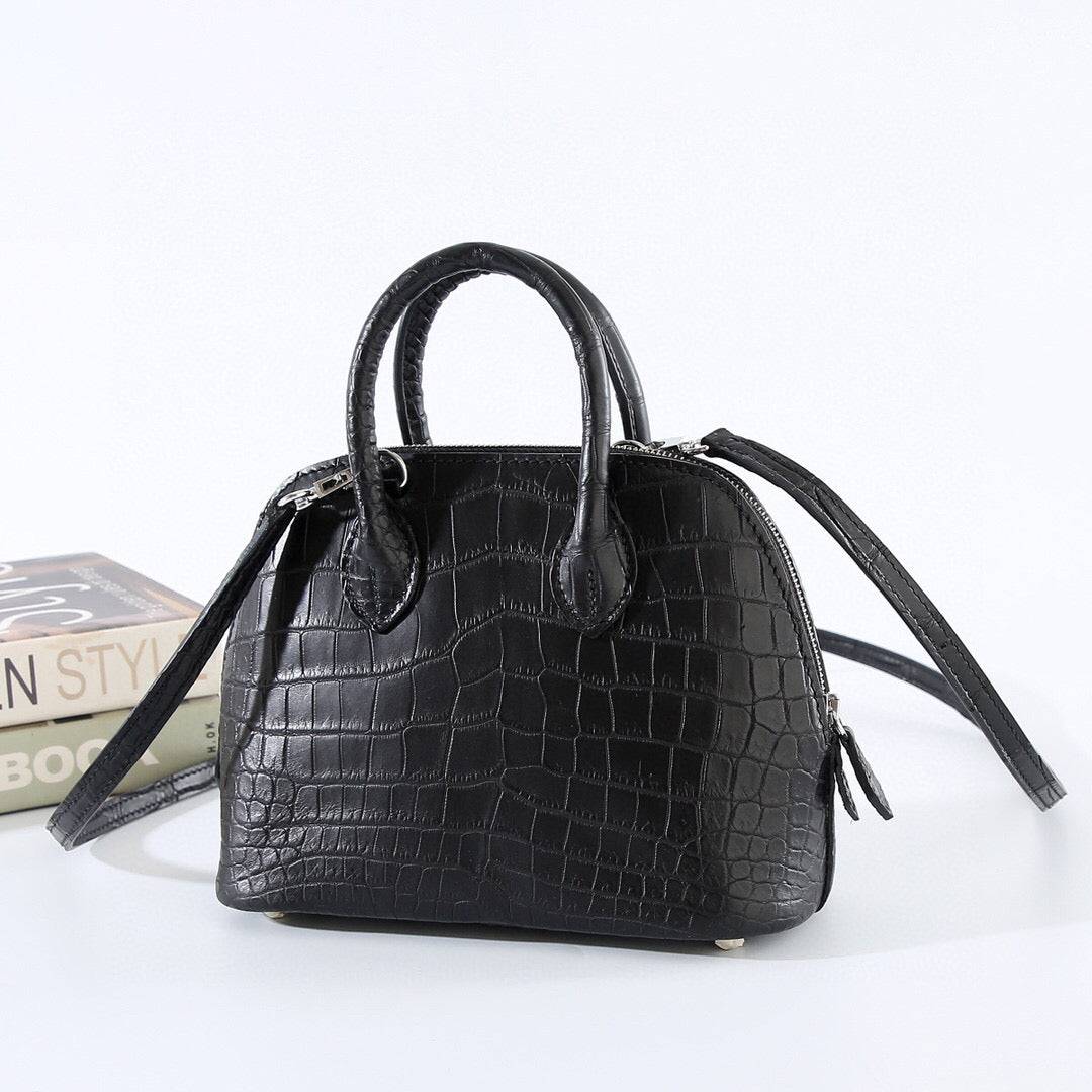 Womens Matt Genuine Crocodile Leather Mini Shell Promennade Trapezoid Cross Body Bag Black