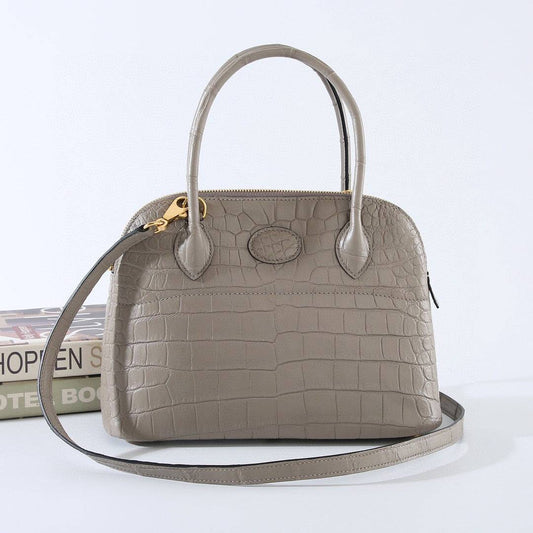 Womens Matt Genuine Crocodile Leather Shell Promennade Trapezoid Cross Body Bag Grey