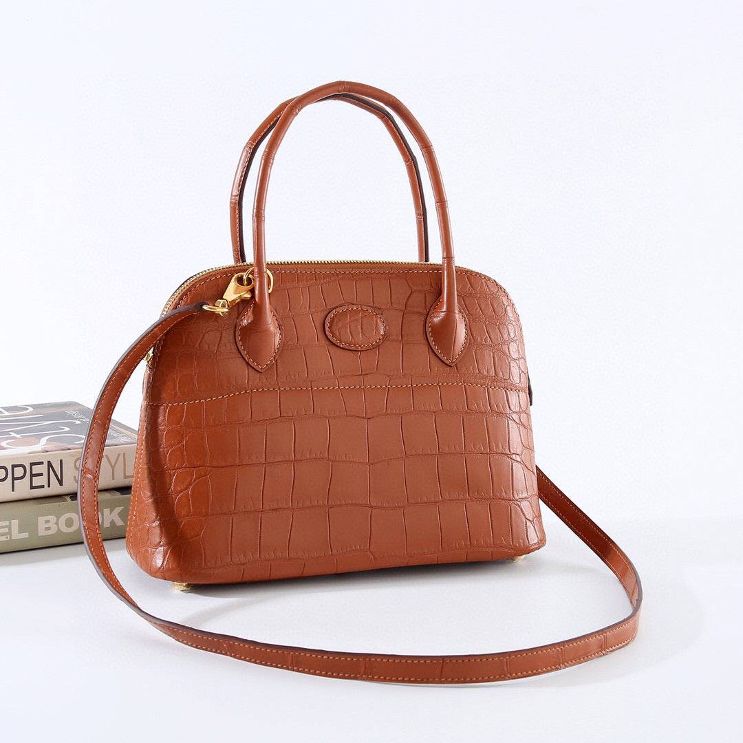 Womens Matt Genuine Crocodile Leather Mini Shell Promennade Trapezoid Cross Body Bag Tan