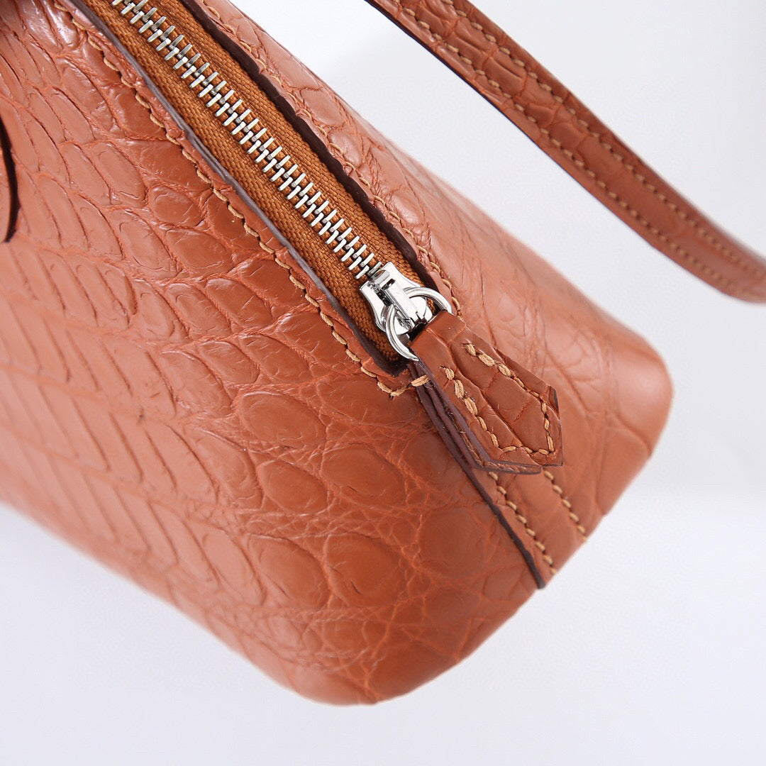 Womens Matt Genuine Crocodile Leather Mini Shell Promennade Trapezoid Cross Body Bag Tan