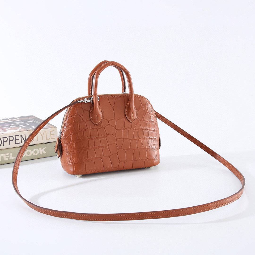 Womens Matt Genuine Crocodile Leather Mini Shell Promennade Trapezoid Cross Body Bag Tan