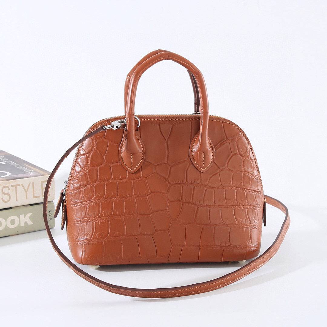 Womens Matt Genuine Crocodile Leather Mini Shell Promennade Trapezoid Cross Body Bag Tan