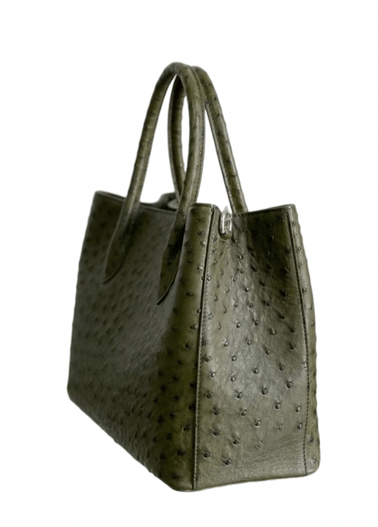 Womens Ostrich Leather Satchel Bag Olive Green