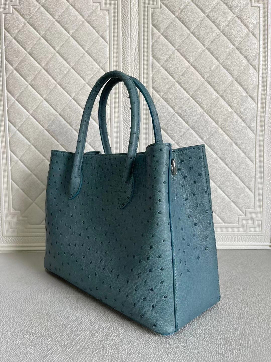 Womens Ostrich Leather Top Handle Shoulder Cross Body Bags Coral Blue & Yellow 33cm