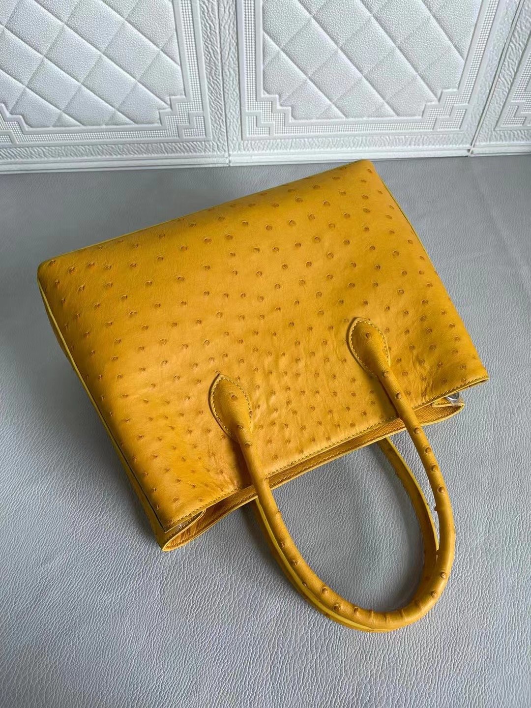 Womens Ostrich Leather Top Handle Shoulder Cross Body Bags Coral Blue & Yellow 33cm