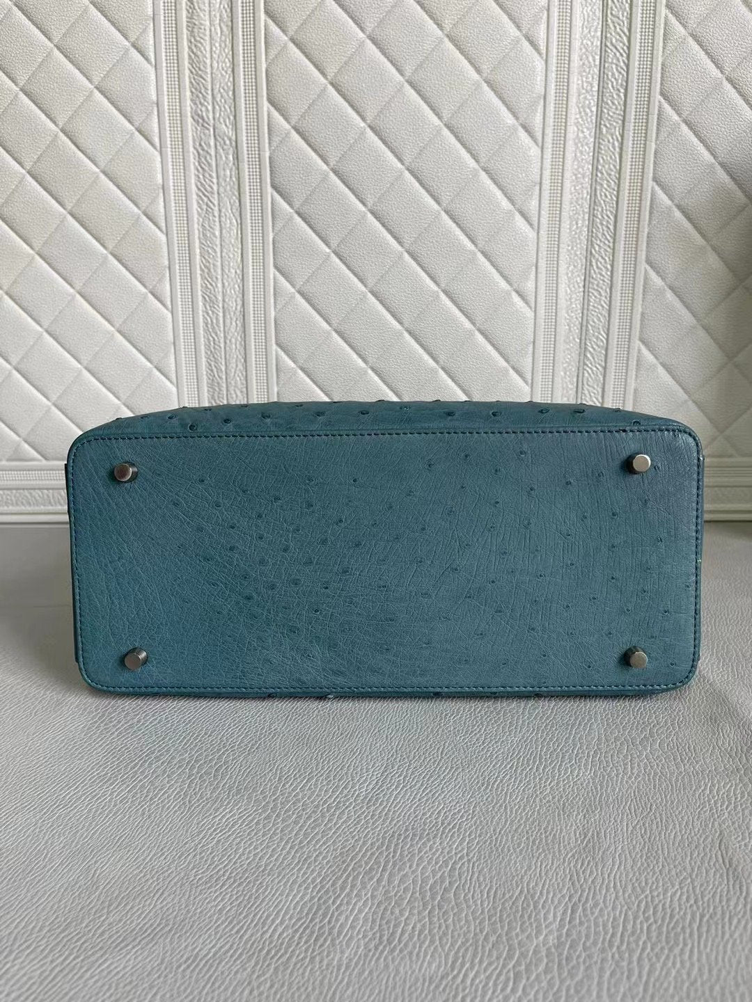 Womens Ostrich Leather Top Handle Shoulder Cross Body Bags Coral Blue & Yellow 33cm