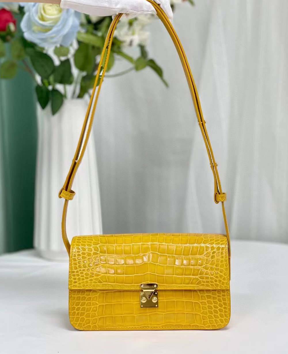 Womens Shiny Crocodile Leather Underarm Shoulder Bag Jaune Ambre