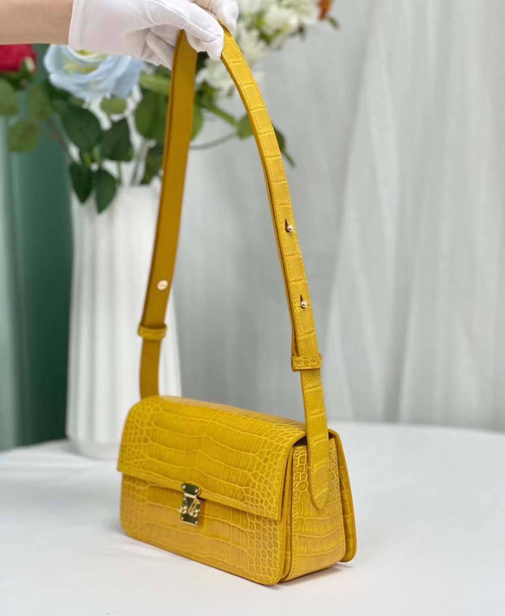 Womens Shiny Crocodile Leather Underarm Shoulder Bag Jaune Ambre