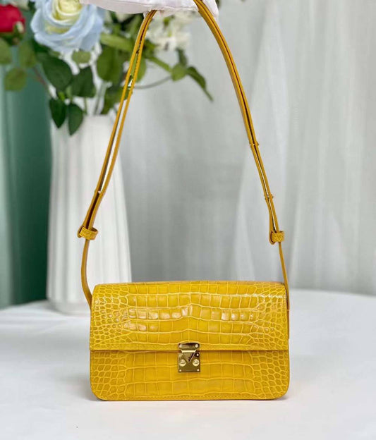 Womens Shiny Crocodile Leather Underarm Shoulder Bag Jaune Ambre