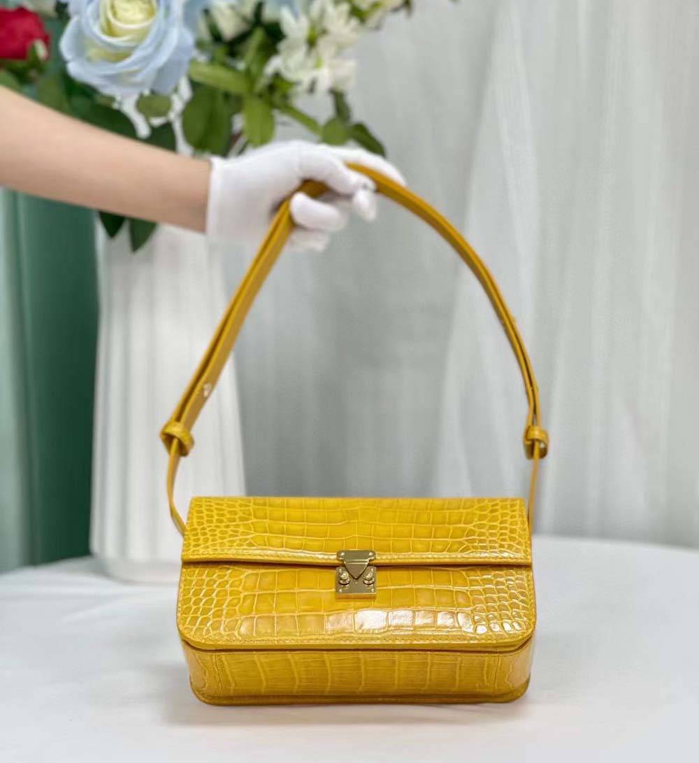 Womens Shiny Crocodile Leather Underarm Shoulder Bag Jaune Ambre