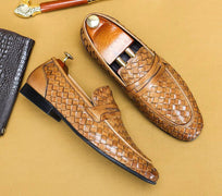 Men's Genuine Leather Handmade Woven Loafer Slip On Business Shoes