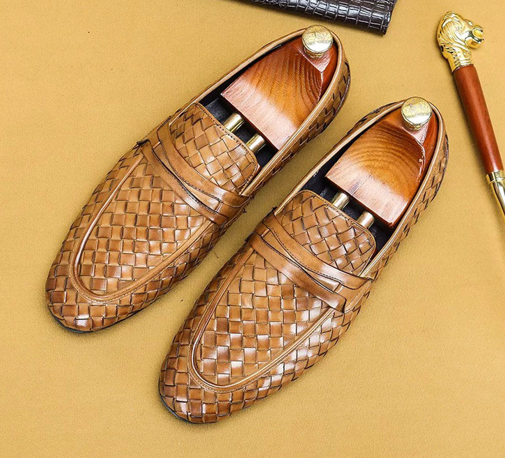 Men's Genuine Leather Handmade Woven Loafer Slip On Business Shoes