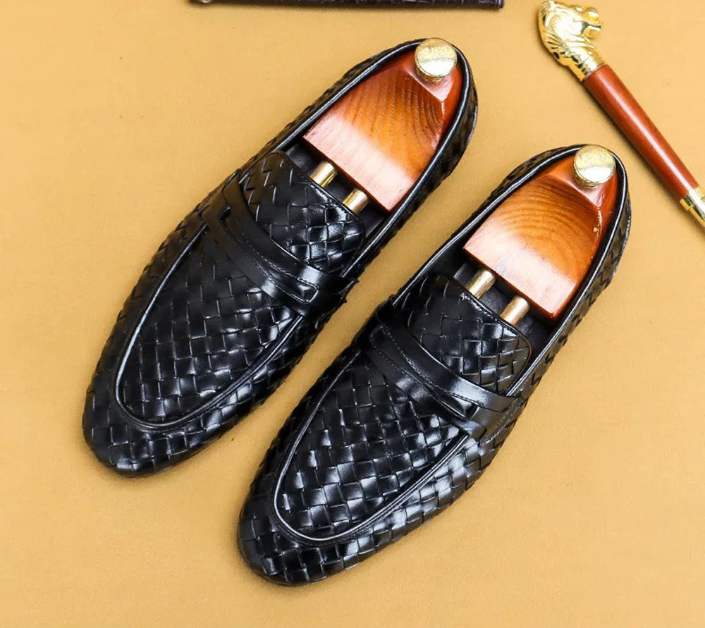 Men's Genuine Leather Handmade Woven Loafer Slip On Business Shoes