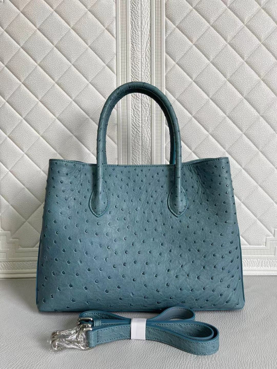 Womens Ostrich Leather Top Handle Shoulder Cross Body Bags Coral Blue & Yellow 33cm